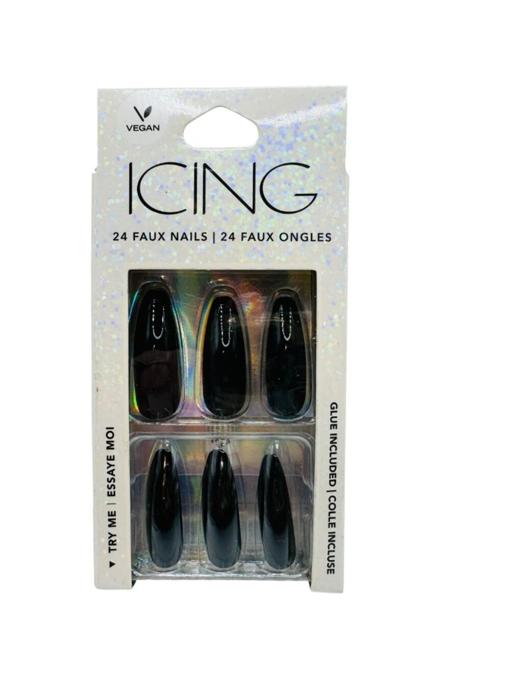 Icing 24 Black Faux Nails With Glue Included - Vegan Long Coffin Shape